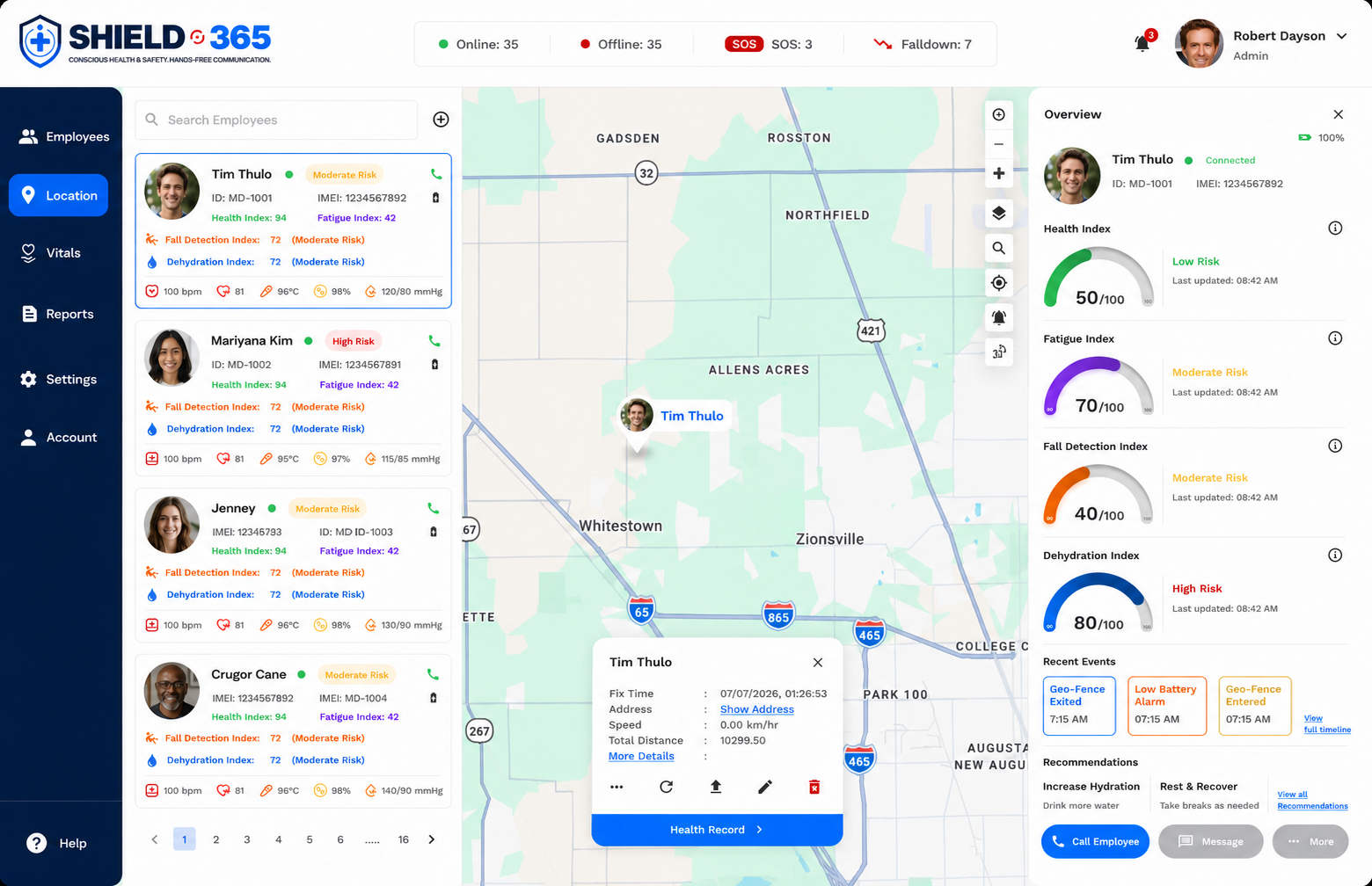 Vista de mapa en vivo del panel Shield-365® que muestra la ubicación de los trabajadores, eventos de geocercas y un panel de descripción general de indicadores de salud, fatiga, caídas y deshidratación.